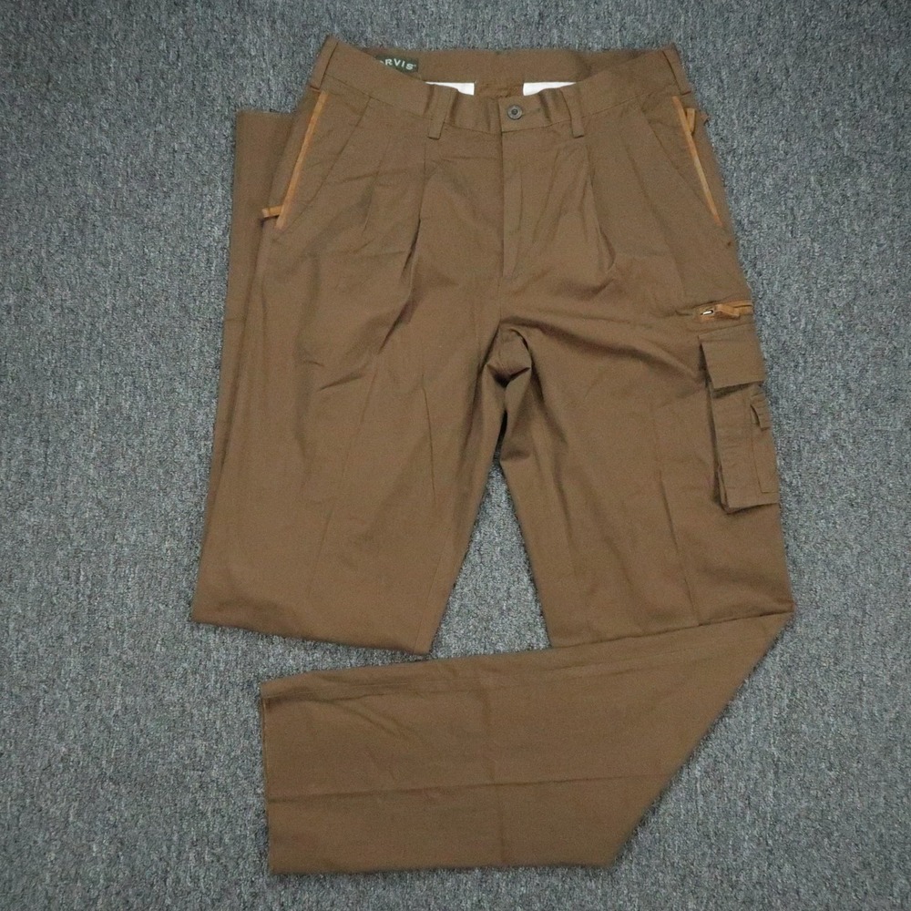 Orvis Pants Mens 34x38 Brown Cargo Zambezi Pleated Trouser Leather Trim